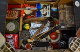 Large stacking box of fishing tackle and accessories: collection of various priests, tackle boxes