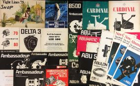 Assorted Abu Reel Pamphlets - including Abumatic, Delta 3, Ambassadeur, Cardinal, 444 A, and others.