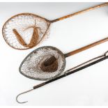 2x Long handled trout landing nets and Gaff (3): unusual and very early blacksmith made cast iron