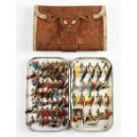 Farlow Alloy fly tin and Norwegian leather tooled fly wallet: C Farlow & Co London clip fly tin with