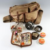 Brady Canvas and leather tackle bag, vintage wooden landing net, Orvis Spey Reel and other tackle: