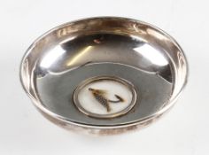 Early 20th C Inlaid Fishing Fly dish: silver jewellery dish hallmarked Chester 1909 - overall 4 1/8"