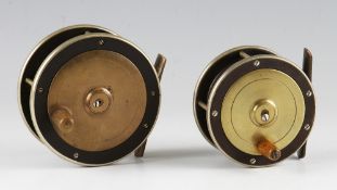 2x Fine Brass and Ebonite combination reels: 2.75" and 3.25" dia both with horn handles, front and