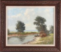Fishing Oil Painting: river fishing scene oil on canvas signed by the artist - image 15.25 x 19.