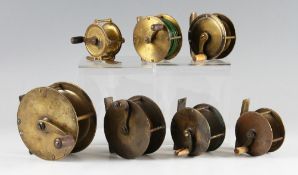 Collection of various brass crank wind reels (6): ranging from 1.75" to 3.75", 6x with curved