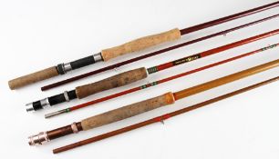 3x various glass fibre trout fly rods: ranging from 8ft 6in to 9ft 6in - all 2pc one with transfer