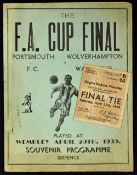 1939 FA Cup Final Portsmouth v Wolverhampton Wanderers at Wembley 29 April 1939 large souvenir (