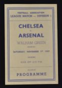 1947/48 Chelsea v Arsenal Souvenir Football Programme dated 1 Nov 1947 at Walham Green, 4 pager by