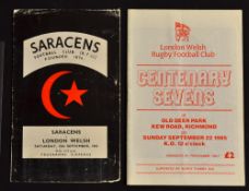 London Welsh Rugby Pair of programmes - Saracens and Sevens: Worn but interesting Saracens v L Welsh