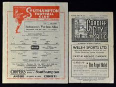 West Bromwich Albion away match programmes v 1946/1947 Southampton (single sheet), 1947/1948 Cardiff