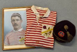 1899 Lancashire County Northern Union Jersey, Honours Cap and portrait: Formerly the property of H