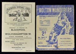 1949/1950 Wolverhampton Wanderers away match programmes v Bolton Wanderers v Blackpool (FAC