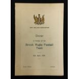1930 British Lions rugby tour to New Zealand dinner menu - held at the Savoy for the team by the New