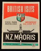 1971 British Lions v New Zealand Maoris Rugby Programme: Large format played at Auckland with slight