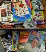 Assorted Box of Football Ephemera includes various programmes, cards, magazines, press packs, coins,