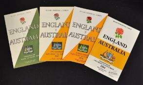 England v Australia Rugby Programmes 1958, 1967, 1976 and 1984 (4): 3x different cover designs here,