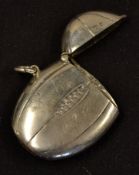 Silver hallmarked Rugby Ball vesta case: six panel flat rugby ball with lacing detail, flip-open