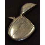 Silver hallmarked Rugby Ball vesta case: six panel flat rugby ball with lacing detail, flip-open