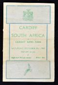 1960 Cardiff v South Africa Rugby Programme: With some creases and wear, the Cardiff Arms Park issue