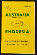 Extremely scarce 1963 Rhodesia v Australia Rugby Programme: Rarely seen, near mint copy of this,