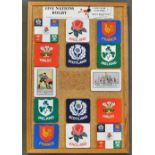 Collection of Five Nations rugby souvenir coasters mounted on a display board - 14x various Five