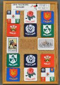 Collection of Five Nations rugby souvenir coasters mounted on a display board - 14x various Five