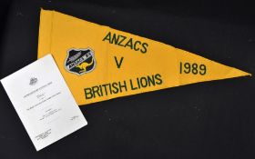 1989 British Lions v Anzacs Rugby Pennant and Dinner Menu (2): Lovely bright, clean, large felt