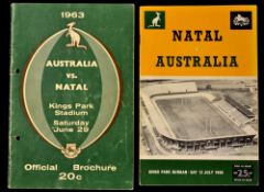 Natal v Australia Rugby Programmes 1963 & 1969 (2): a pair of programmes v Wallaby tourists with