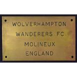 Unique original brass nameplate to read 'W.W.F.C. Molineux England' 175mm x 105mm holed to each