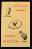 1949 Canterbury (NZ) v Australia Rugby Programme: 12pp issue with lively cover though some mirror-