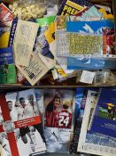 Assorted Box of Football Ephemera includes various programmes, cards, magazines, press packs, coins,