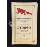 Rare 1913 Wales (Runners Up) v England (Grand Slam) rugby dinner menu: Held at Queens Hotel