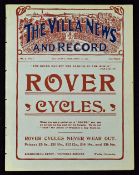 1907 Aston Villa Reserves v Kidderminster Harriers First Team football programme dated 16 Feb, the