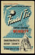 1946 FA Cup Final Charlton Athletic v Derby County football programme dated 27 Apr, in good