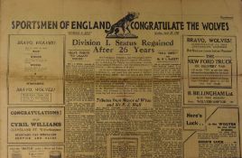 1932 Express & Star newspaper with congratulation to the Wolves, Division 1 status regained after 26