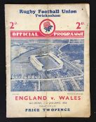 1939 England v Wales (Champions) Rugby programme: Normal folded card Twickenham issue, England