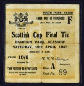 1947 Scottish Cup Final Match Ticket date 19 April at Hampden Park, is laminated, appears creased