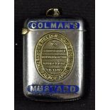 1908 Colman's Mustard commemorative ornate vesta case metallic silver with raised lettering to