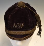 England Rugby Trials Cap -North v South Rugby Cap, 1891: Maroon velvet six-panel cap with gold