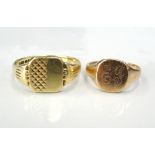 TWO NINE CARAT GOLD SIGNET RINGS one in yellow gold, ring size N, and the other in rose gold,