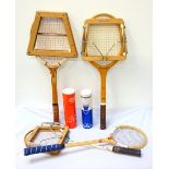 TWO VINTAGE BADMINTON RACKETS one with press, various shuttlecocks,