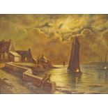 EUROPEAN SCHOOL (mid 20th century) Evening village harbour scene with figures in foreground,