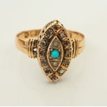 VICTORIAN DIAMOND, PEARL AND TURQUOISE DRESS RING on nine carat gold shank,