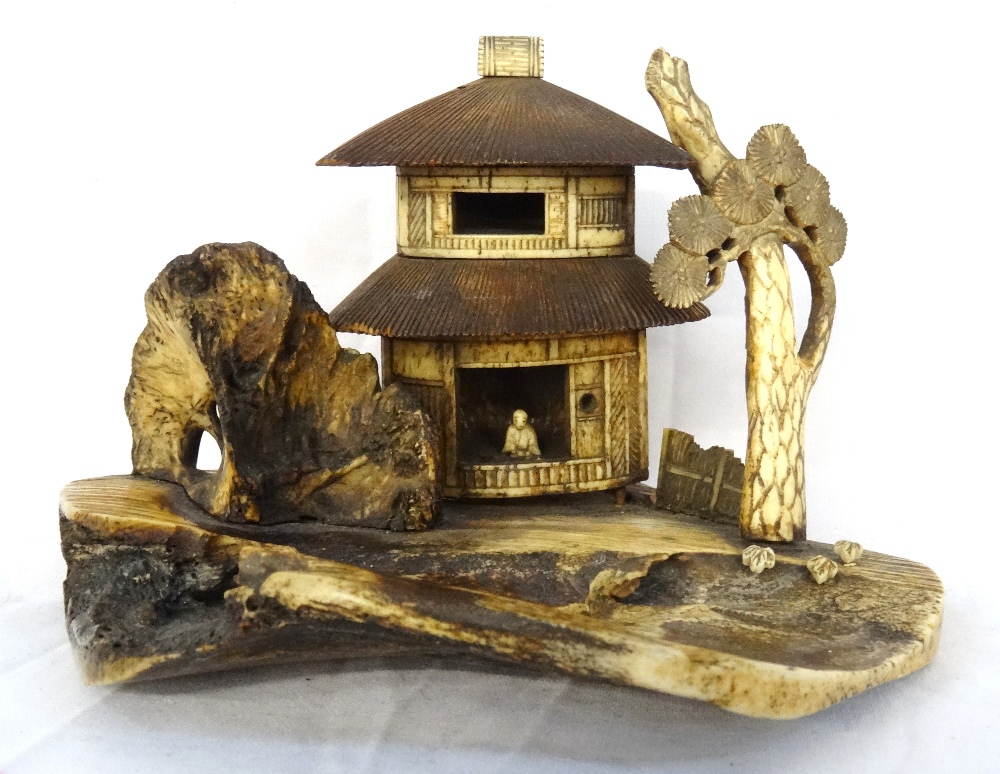 JAPANESE CARVED WOOD AND BONE DIORAMA