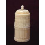 19th CENTURY CONTINENTAL TURNED IVORY CYLINDRICAL BOX the cover with turned finial,