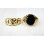 TWO NINE CARAT GOLD RINGS one an agate set example, the other with pierced entwined decoration,