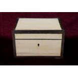 19th CENTURY ANGLO INDIAN IVORY PANELLED BOX with brass banded corners, 10cm x 16.9cm x 13.