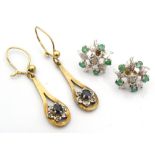 TWO PAIRS OF GEM SET NINE CARAT GOLD EARRINGS comprising a pair of sapphire and diamond set drop