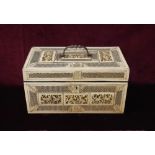 19th CENTURY CHINESE CARVED BONE BOX the lift up lid with swing handle,