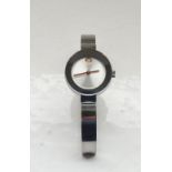 LADIES MOVADO BOLD ICONIC WRISTWATCH the silvered dial with a single gold marker at 12,